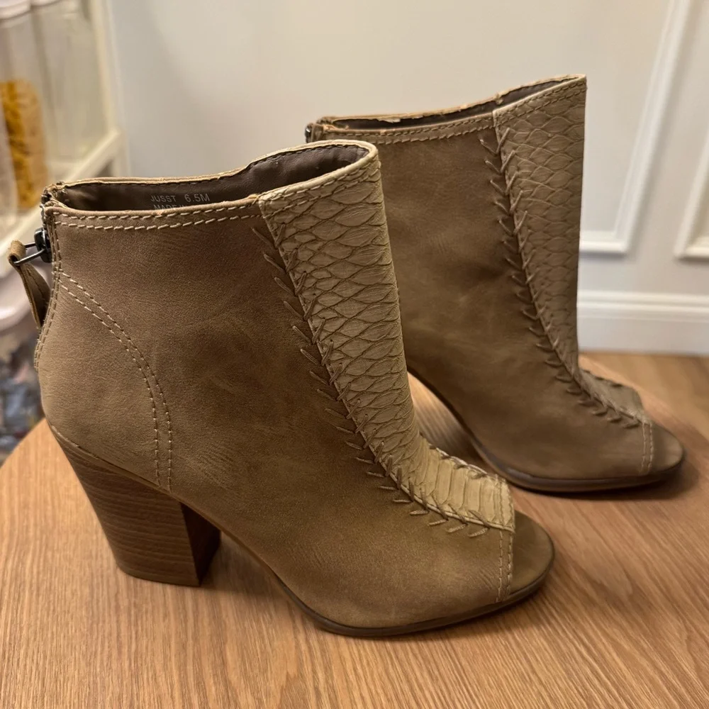 Madden Girl Just Taupe snakeskin print peep toe ankle booties